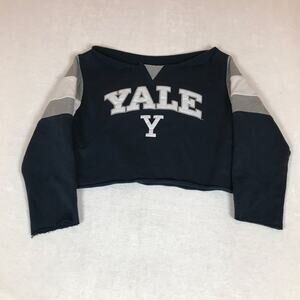 Yale Ivy University Preppy Academic Navy Blue Open Scoop Neck Cropped Sweatshirt